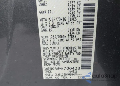 2021 Nissan Frontier Long Bed Sv 4X2 z USA, uszkodzony, nr VIN 1N6ED0FA9MN700423